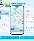 WiFi Weather Station With AI Weatherseed Forecasts Real Time Alerts app interface displayed on three smartphone screens