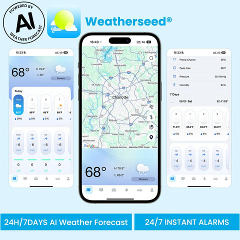 WiFi Weather Station With AI Weatherseed Forecasts Real Time Alerts app interface displayed on three smartphone screens