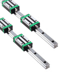 Two HGR20 200mm linear guide rails with four HGH20CA carriage blocks, chrome plated, steel, for CNC and robotic projects, side view