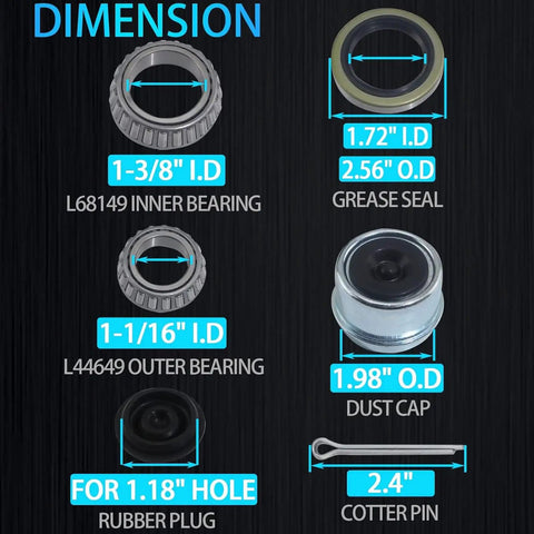 Dimensions of Trailer Bearing Kit For 1-1/16in To 1-3/8in Axles 3500lb 84 Spindle 2 Set L68149 L44649 Inner Bearings With Outer Races