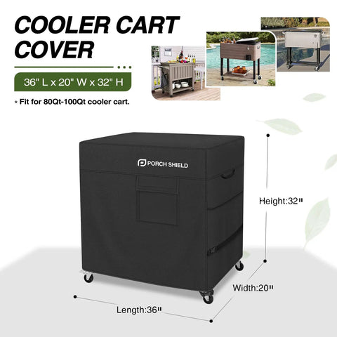 Heavy Duty Waterproof Rolling Cooler Cart Cover Fits 80 To 100 Qt Ice Chests Keeps Your Patio Party Cooler Dry And Party Ready 36 Inches Long 20 Inches Wide 32 Inches High 600D Polyester shown in use covering outdoor cooler