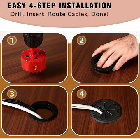 Slick Black Desk Grommet Kit Featuring Eight Two Inch Abs Covers And Soft Rubber Liners Plus Precision Hole Saw for easy installation steps.
