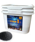 Coarse 60/90 Silicon Carbide Grit For Rock Tumblers, 10 Lb Pack, Step 1 Tumbler Media with white container and grit pile