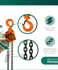 Lever Hoist 360 Degree Manual Ratchet Chain Puller With 1650 Lbs Capacity, Ten Ft Lift, showing alloy steel and forged components