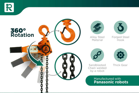 Lever Hoist 360 Degree Manual Ratchet Chain Puller With 1650 Lbs Capacity, Ten Ft Lift, showing alloy steel and forged components