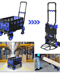 2 In 1 Folding Hand Truck And Folding Basket Heavy Duty Dolly With Telescoping Handle and Rubber Wheels in warehouse scene