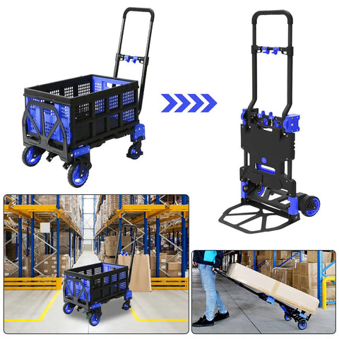 2 In 1 Folding Hand Truck And Folding Basket Heavy Duty Dolly With Telescoping Handle and Rubber Wheels in warehouse scene