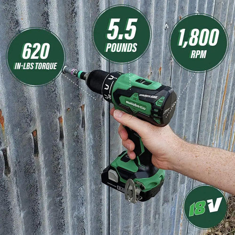 Hand holding 18V cordless brushless driver drill tool only with built-in LED light half inch keyless all metal chuck 620 in-lbs torque