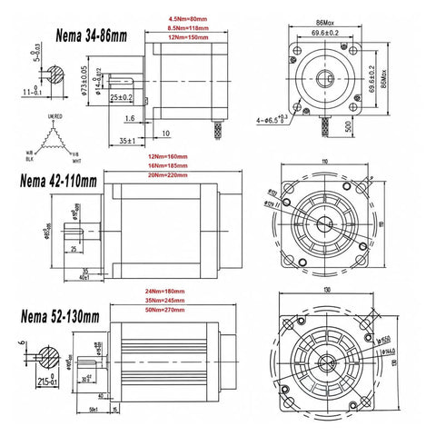 Badass Heavy Duty Three Phase Stepper Motor Kit Paired With Smooth Ball Screw Drive System For Cnc Machining And Robotic Builds Featuring 34 42 And 52 Frame Sizes That Crank Out Forty Five To Fifty Newton Meters Of Pure Torque Power, technical drawings with dimensions.