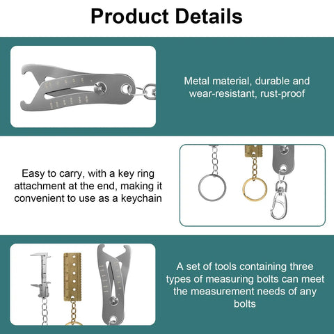 Bolt Size Finder Keychain Set With Mini Vernier Calipers and Ruler displaying key rings and metal material. Easy to carry.