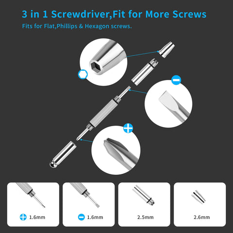 3 in 1 screwdriver tool set for flat, Phillips, and hexagon screws, versatile magnetic eyeglass repair kit component