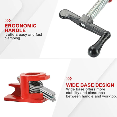 Rock Solid Four Pack Half Inch Pipe Clamps For Wood Glue Ups Made From Heavy Duty Cast Iron showing ergonomic handle and wide base design.