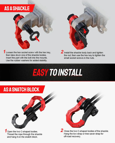 Three Quarters Inch D Ring Shackles With Snatch Block For Off Road Recovery And Heavy Duty Towing 45,000 Lbs Capacity Boosting Winch Power By Redirecting Load And Reducing Heat, red and black