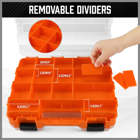 Double Sided 34 Compartment Parts Organizer With Removable Dividers 2 Pack Heavy Duty Storage Case with visible dividers and hand
