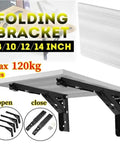 Two Pieces Adjustable Wall Mounted Triangle Folding Bracket Set for Shelves and Benches, heavy duty silver, open and folded view