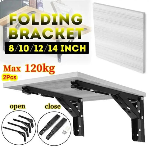 Two Pieces Adjustable Wall Mounted Triangle Folding Bracket Set for Shelves and Benches, heavy duty silver, open and folded view