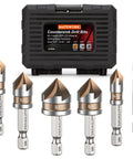 Durable M2 Cobalt HSS Countersink Drill Bit Set, 6 Pieces, One Quarter Inch Quick Change Hex Shank shown in packaging with bits