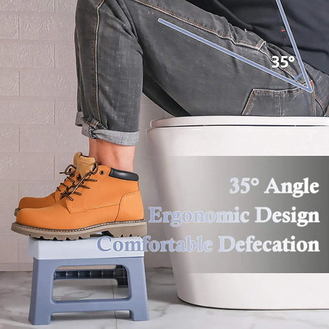 Person using Foldable Potty Stool For Adults, 7 Inch Squat Footstool With 35 Degree Defecation Angle, Blue, Easy Fold by toilet