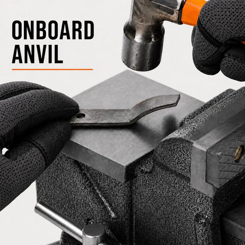 4 Inch Bench Vise With Cast Iron Body And Swivel Base Heavy Duty 36000 PSI Clamp 4 Inch Jaws Opening Up To Five And One Eighth Inches 130 Degree Swivel 2440 Lb Clamping Force Built In Anvil Three And Three Eighths By Three Inches Workhorse anvil close-up