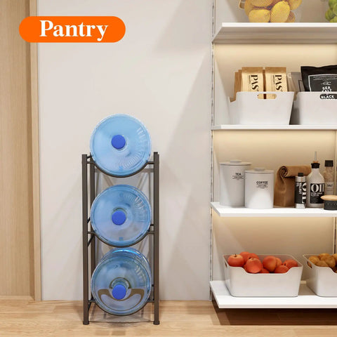 Beefy Three Tier Water Jug Organizer Rack Holds 5 Gallon Bottles Hassle Free Heavy Duty Dispenser Stand With Wobble Proof Base Straight Up Kitchen Pantry Storage Game Changer Solution
