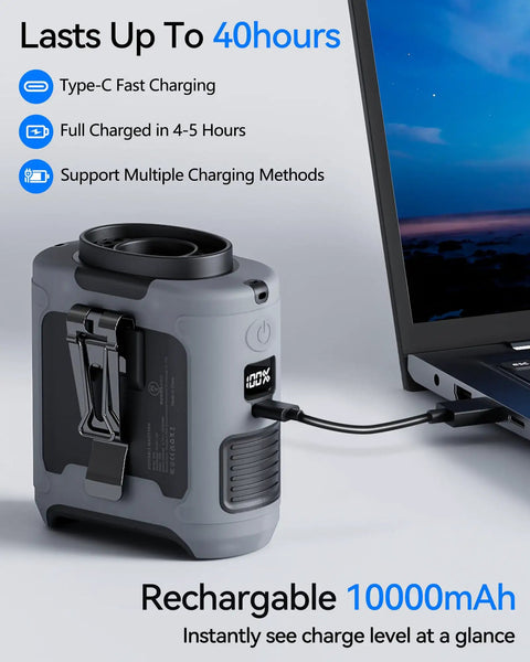 Waist Clip On Personal Fan With 10000mAh Battery, Hands Free Belt Cooler On The Go, USB Type C Power Bank charging by laptop