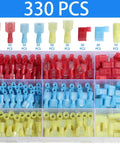 Nylon Spade Connector Right Angle Kit 330 Piece Set in red, blue, and yellow compartments showing 90 degree terminals for wiring