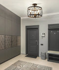 Oil Rubbed Bronze 15 Inch Led Semi Flush Mount Ceiling Light With Three Light Modern Industrial Drum Fixture in gray hallway.