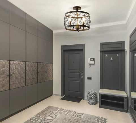 Oil Rubbed Bronze 15 Inch Led Semi Flush Mount Ceiling Light With Three Light Modern Industrial Drum Fixture in gray hallway.
