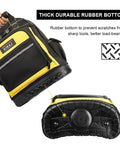 Heavy Duty Tool Backpack With Molded Waterproof Bottom And Waist Support For Electricians, Plumbers, And Pros Built To Last, showing rubber bottom