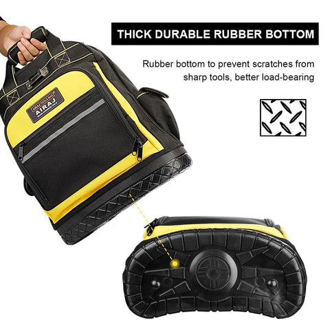 Heavy Duty Tool Backpack With Molded Waterproof Bottom And Waist Support For Electricians, Plumbers, And Pros Built To Last, showing rubber bottom