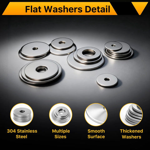 Nuepuxo 108-piece flat washer assortment kit, 304 stainless steel fender washers in 12 sizes (M3-M12), smooth surface