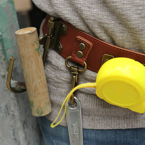 Adjustable Tool Belt With Hammer Hatchet Holder And Drill Holster For Tape Measure Heavy Duty Waist Belt Brown With Leather Keeper Loop