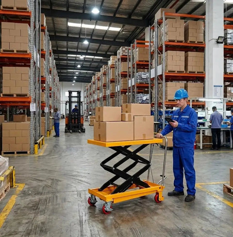 Warehouse scene with Beast Mode 350 lb Hydraulic Lift Table Cart with Double Scissor Lift, loaded with boxes.
