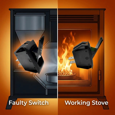 Direct Fit Pellet Stove Hopper Cover Switch Replacement For SRV7000 612 And SRV7000 819 shown with a working stove illustration