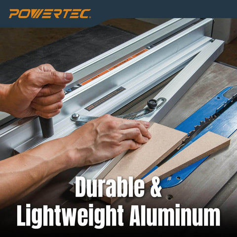 Person using table saw taper jig from Table Saw Safety Accessories 6-Piece Set With Push Block, Push Sticks And Taper Jig For Router Tables.