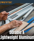 Pro Grade Table Saw Tapering Jig With 24 Inch Aluminum Rails Laser Etched Scale And 15 Degree Angle Cut Guide with hands adjusting the jig.