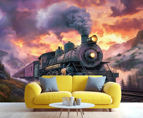 Train Mural Wallpaper for Bedroom and Living Room Steam Locomotive 3D Wall Murals Not Peel and Stick Durable Fabric Backdrop with Sequential Strips for Easy Setup and Rich Vintage Railroad Vibe showing a vintage steam train against a colorful sky.