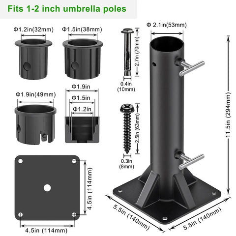 Heavy Duty Deck Mount Umbrella Holder Built To Last With Fully Welded Steel Base And Interchangeable Plastic Sleeves For 1 To 2 Inch Poles