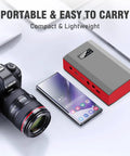 Off Grid Portable Solar Power Bank With 65W 110V AC Outlet 24000mAh External Battery Pack next to camera and smartphone