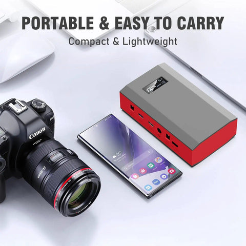 Off Grid Portable Solar Power Bank With 65W 110V AC Outlet 24000mAh External Battery Pack next to camera and smartphone
