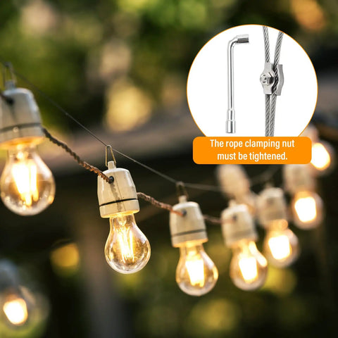 Heavy Duty 98 Ft Nylon Coated Stainless Steel Aircraft Cable Wire Rope Kit hanging string lights with clamping nut detail