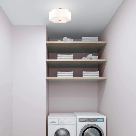 Three Light Brushed Nickel Ceiling Mount Fixture With Clover Shaped Off White Shade in laundry room setting