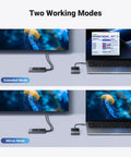 Wireless USB C Transmitter And HDMI Receiver for 1080P 60Hz video, showing extended and mirror modes with a laptop and monitor