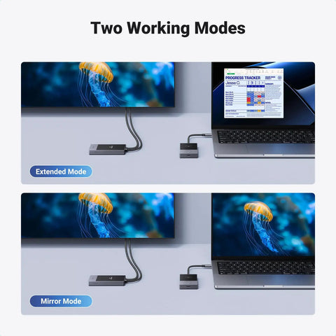 Wireless USB C Transmitter And HDMI Receiver for 1080P 60Hz video, showing extended and mirror modes with a laptop and monitor