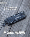 Mini 12-In-1 EDC Multitool With Needle Nose Pliers, black finish, on wooden surface with '12 Tools' text overlay