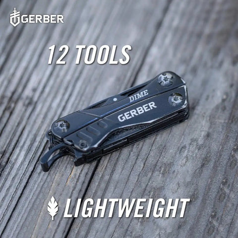 Mini 12-In-1 EDC Multitool With Needle Nose Pliers, black finish, on wooden surface with '12 Tools' text overlay