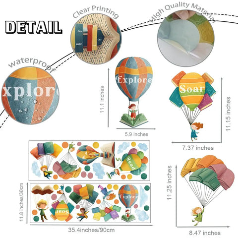 Colorful Hot Air Balloon Wall Decal Set For Classrooms And Playrooms With Flying Book Quote Stickers Kid Friendly Vinyl Students Soar In Books Wall Art For Library Decor showing details.