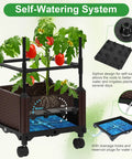 Self Watering Tomato Planter With Trellis For Patio showing self-watering system, roots absorbing water, and drainage features.