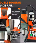 Front and side view collage of orange/black magnetic drill press with control panel, handle, and magnet base