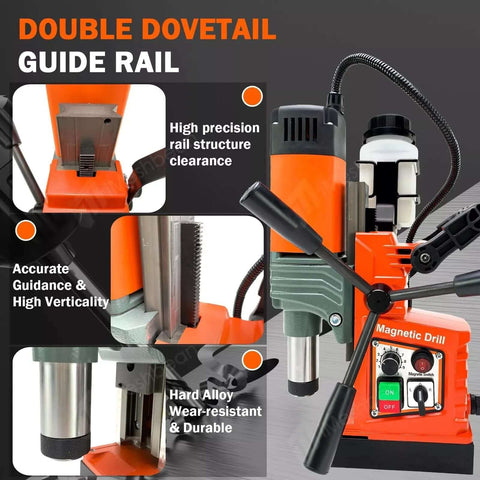 Front and side view collage of orange/black magnetic drill press with control panel, handle, and magnet base